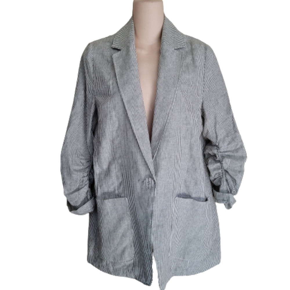 Max Studio White and Green Striped Linen Ruched Sleeve Blazer Size Women's Small - Picture 3 of 12